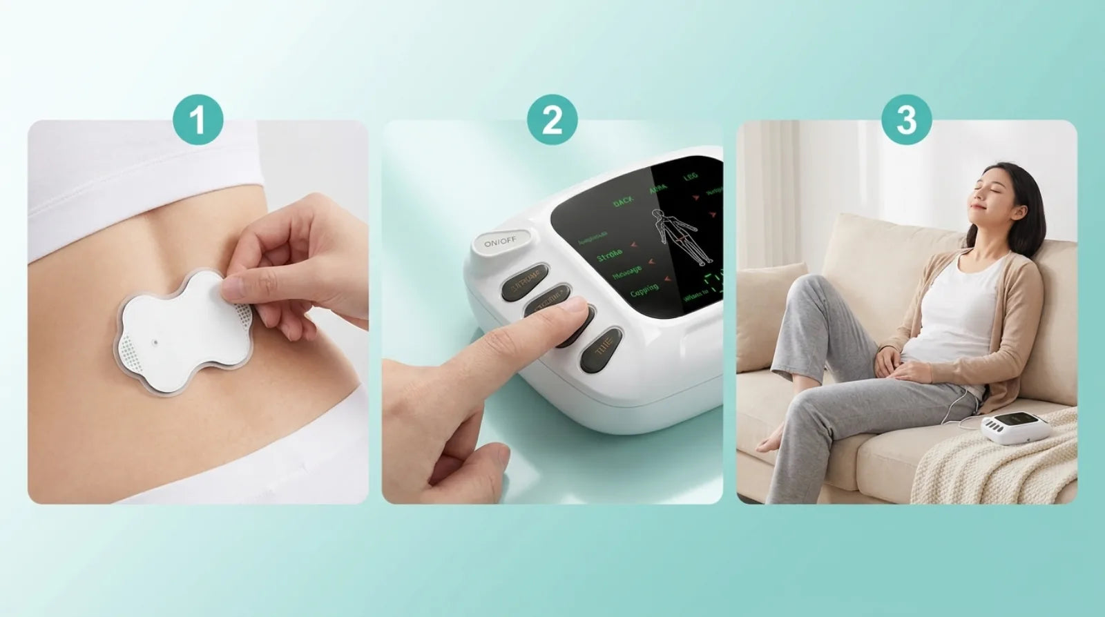 Diagram illustrating how the Lonva Relief pulse massager pads are applied to ease sore muscle spots.