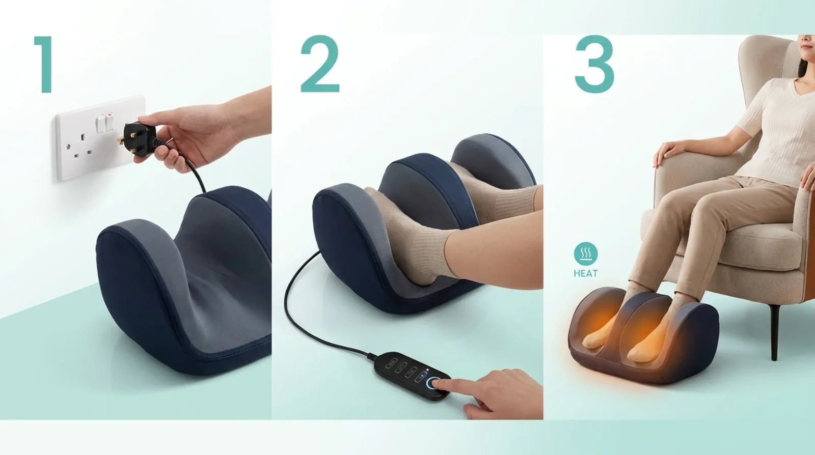 Simple 3-step visualization showing feet sliding in, 360-degree shiatsu rollers, and comforting warm compress.